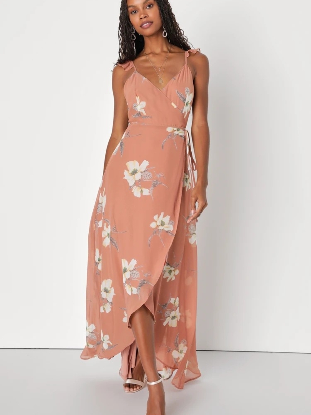 Lulus All Mine Rusty Rose Floral Print High-Low Wrap Dress Size Medium
